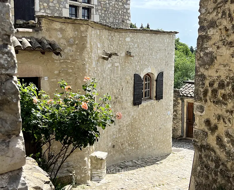 Ruelle en calade bordée de maisons en pierre typiques de la Drôme, avec volets en bois et végétation méditerranéenne